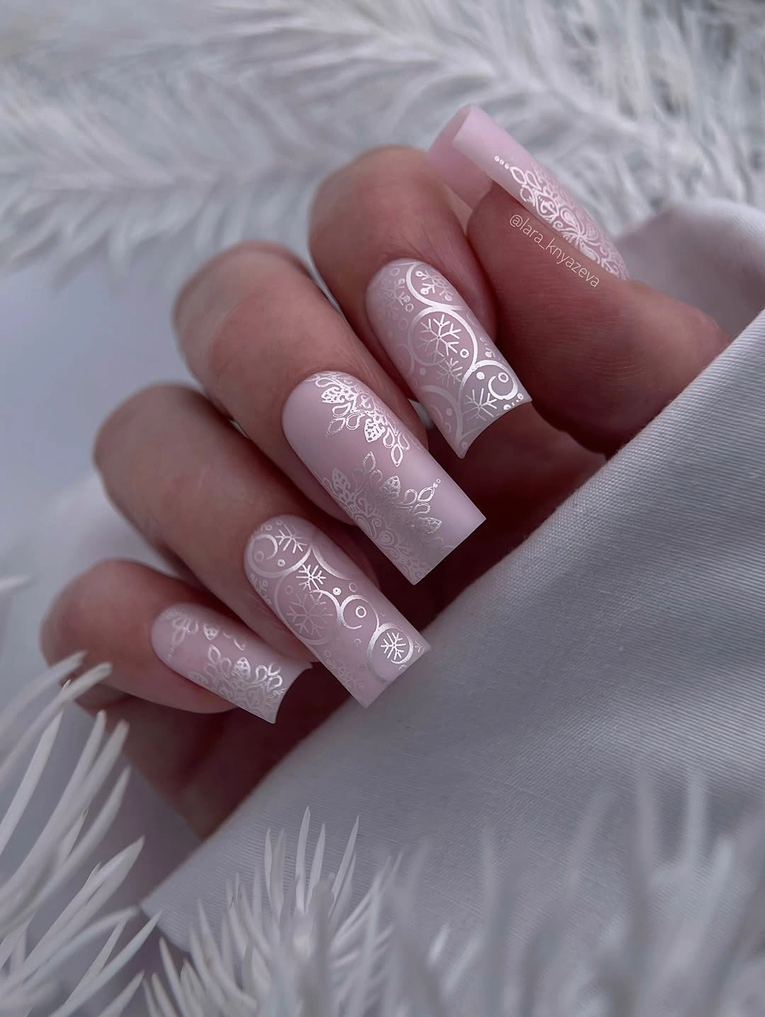 chic fall square nails 2026 Soft Snowfall Details on Long Square Nails