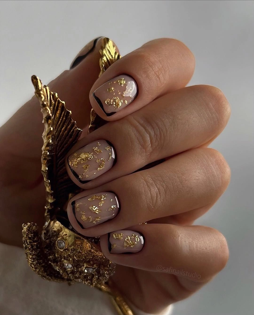 chic fall square nails 2026 Gold Foil Square Nails With Dark Edges