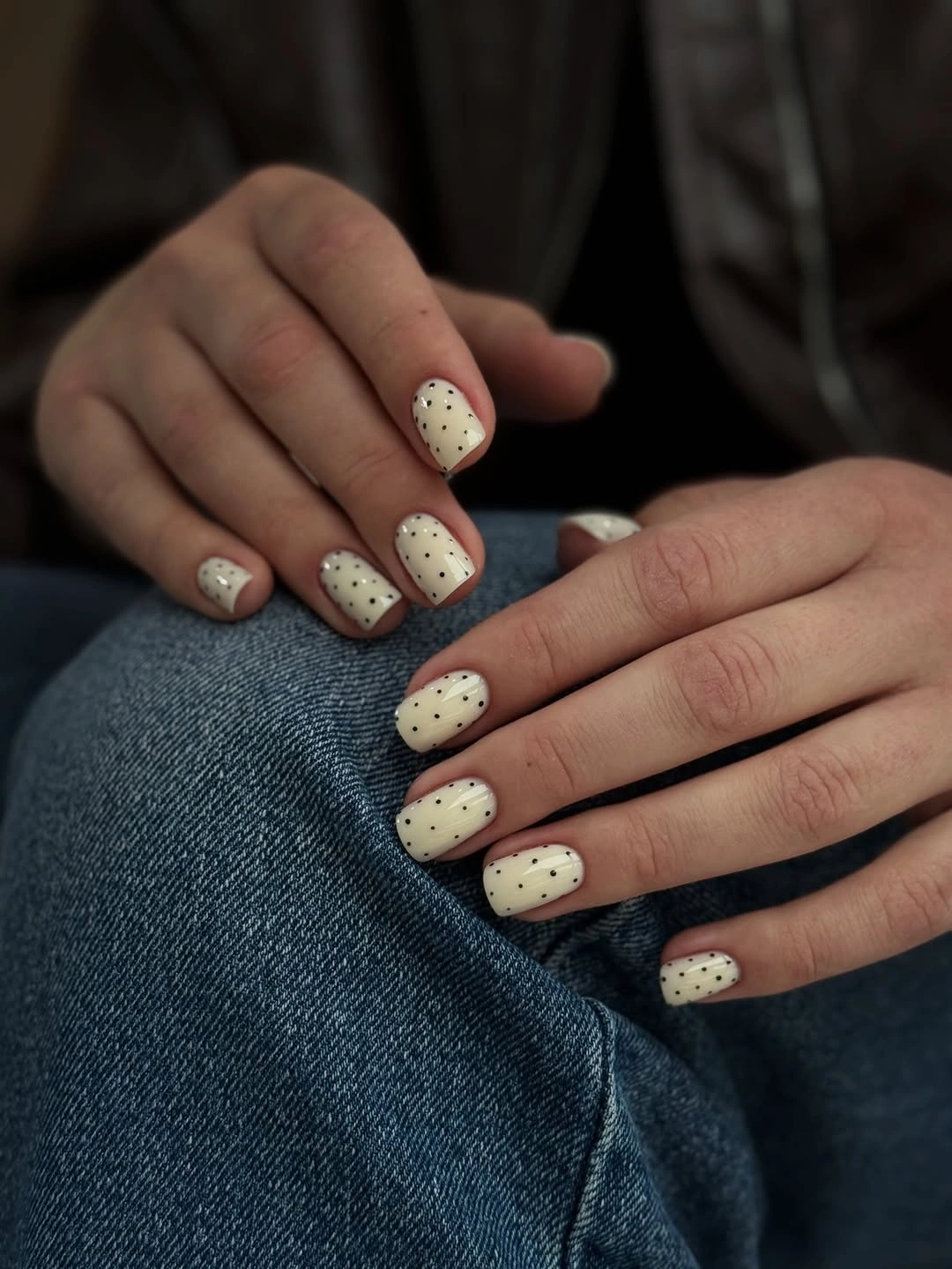 chic fall square nails 2026 Milky White Square Nails With Tiny Black Dots
