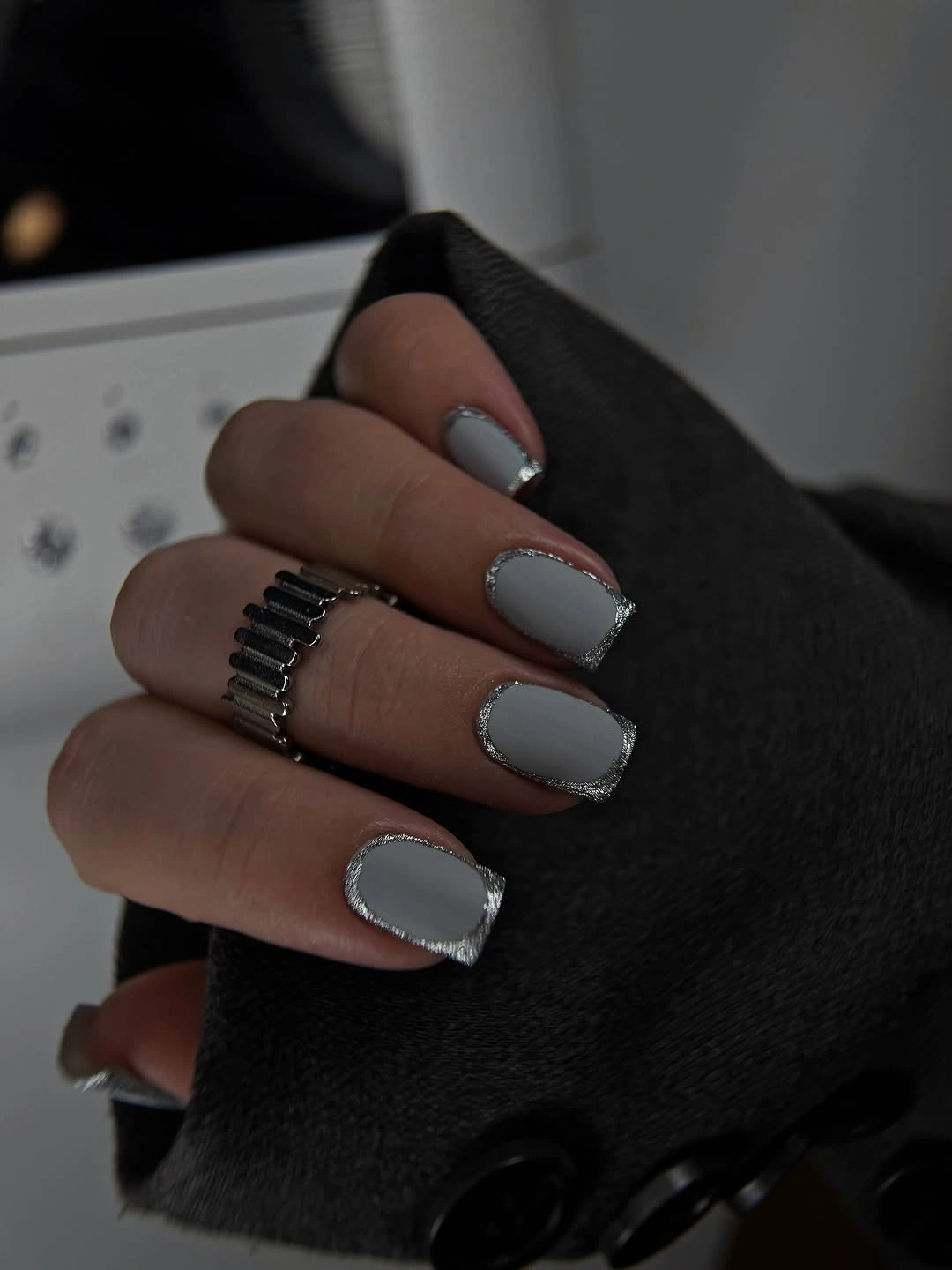 chic fall square nails 2026 Cool Gray Square Nails With a Silver Edge
