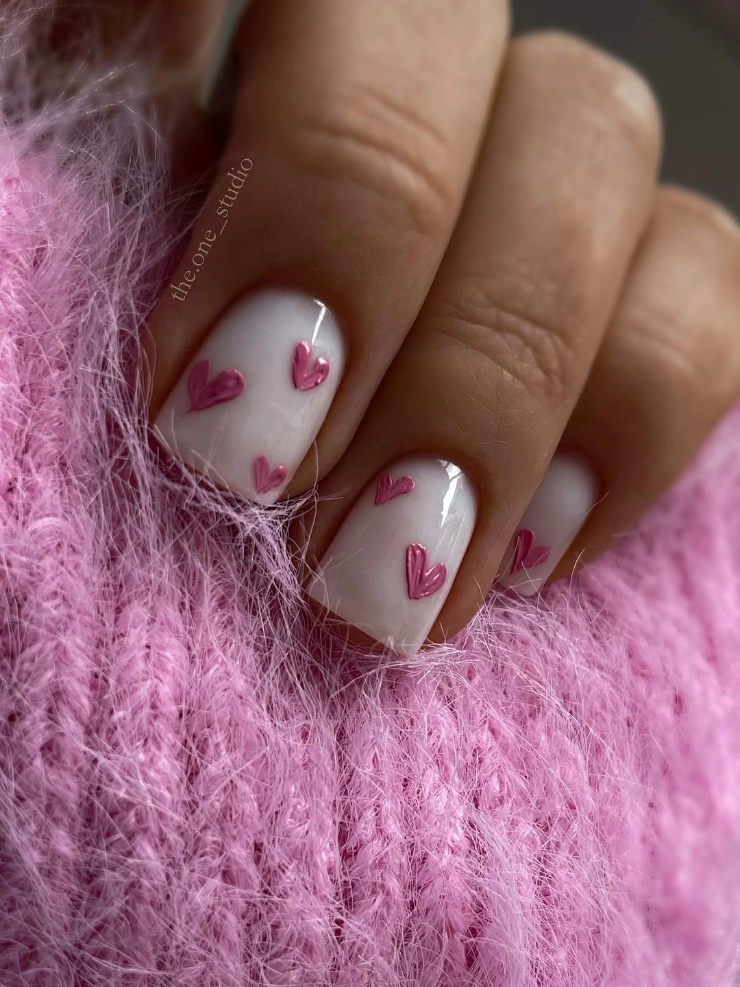 chic fall square nails 2026 Milky Square Nails With Raised Pink Hearts