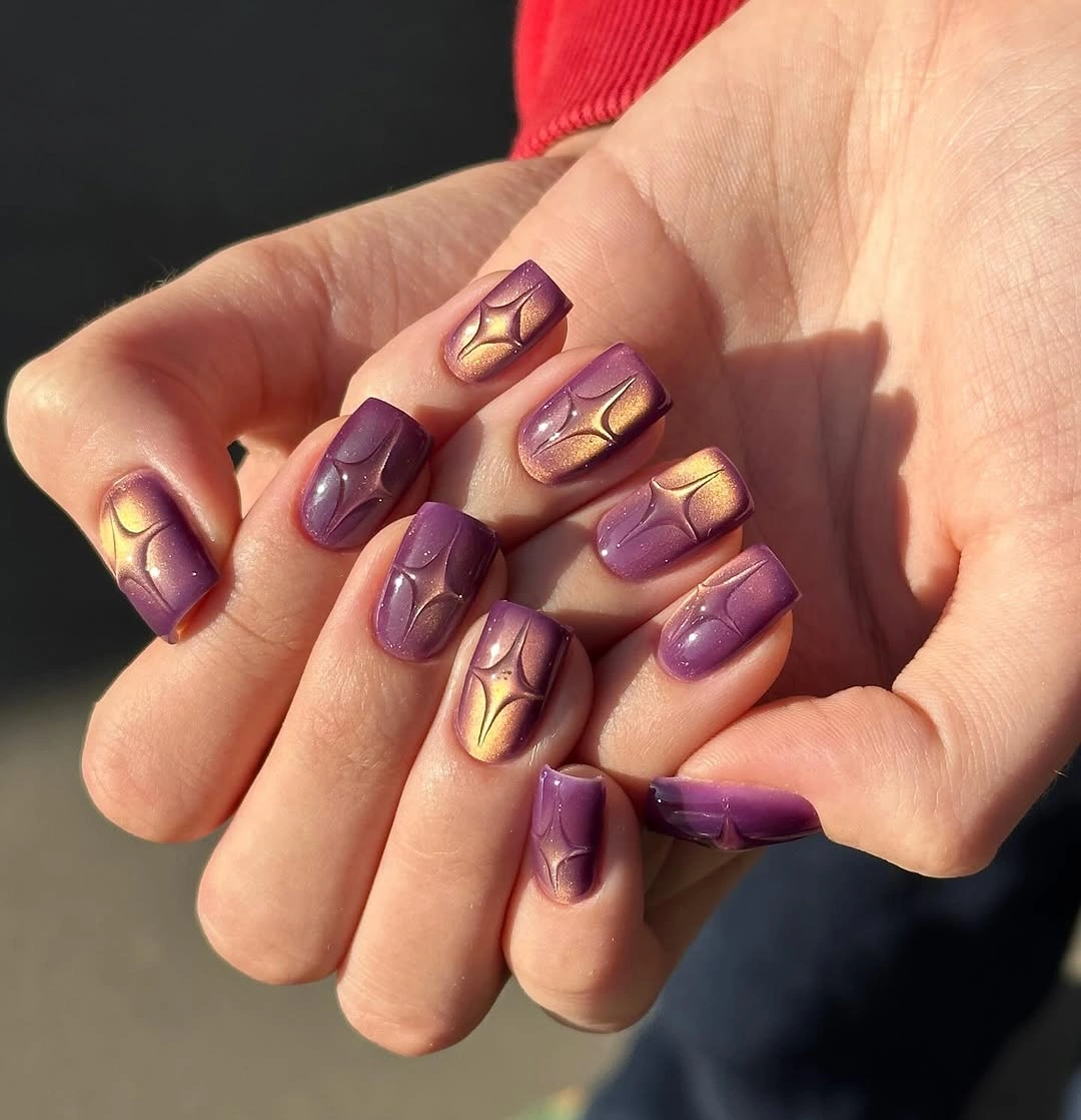 chic fall square nails 2026 Glossy Purple Chrome With Sculpted Texture