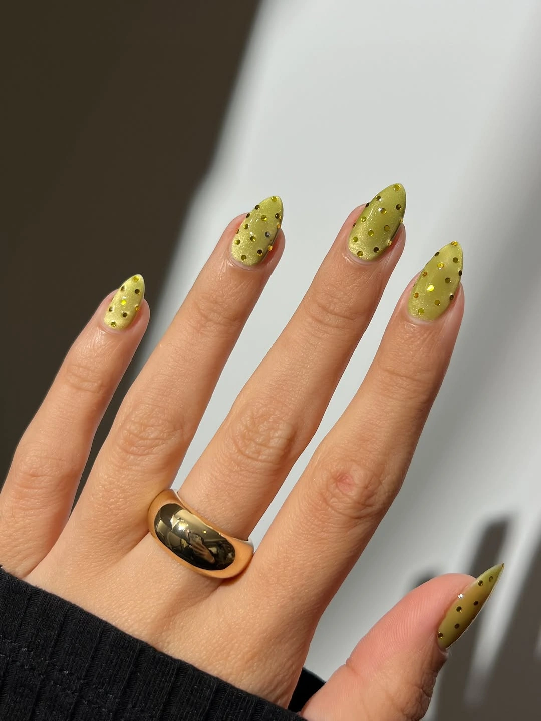 chic fall trendy nails 2026 Olive Green Nails With Golden Micro Dots