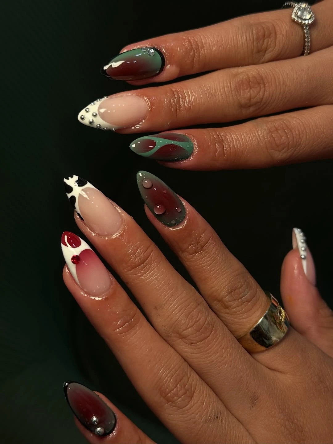 chic fall trendy nails 2026 Deep Burgundy and Forest Green With Glossy 3D Details