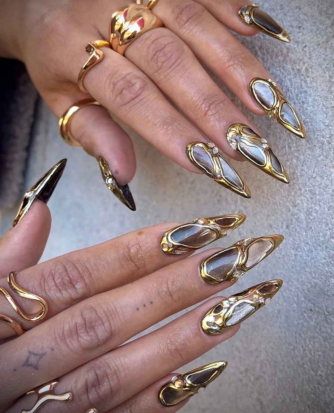 chic fall trendy nails 2026 Liquid Gold and Silver Sculptural Nails