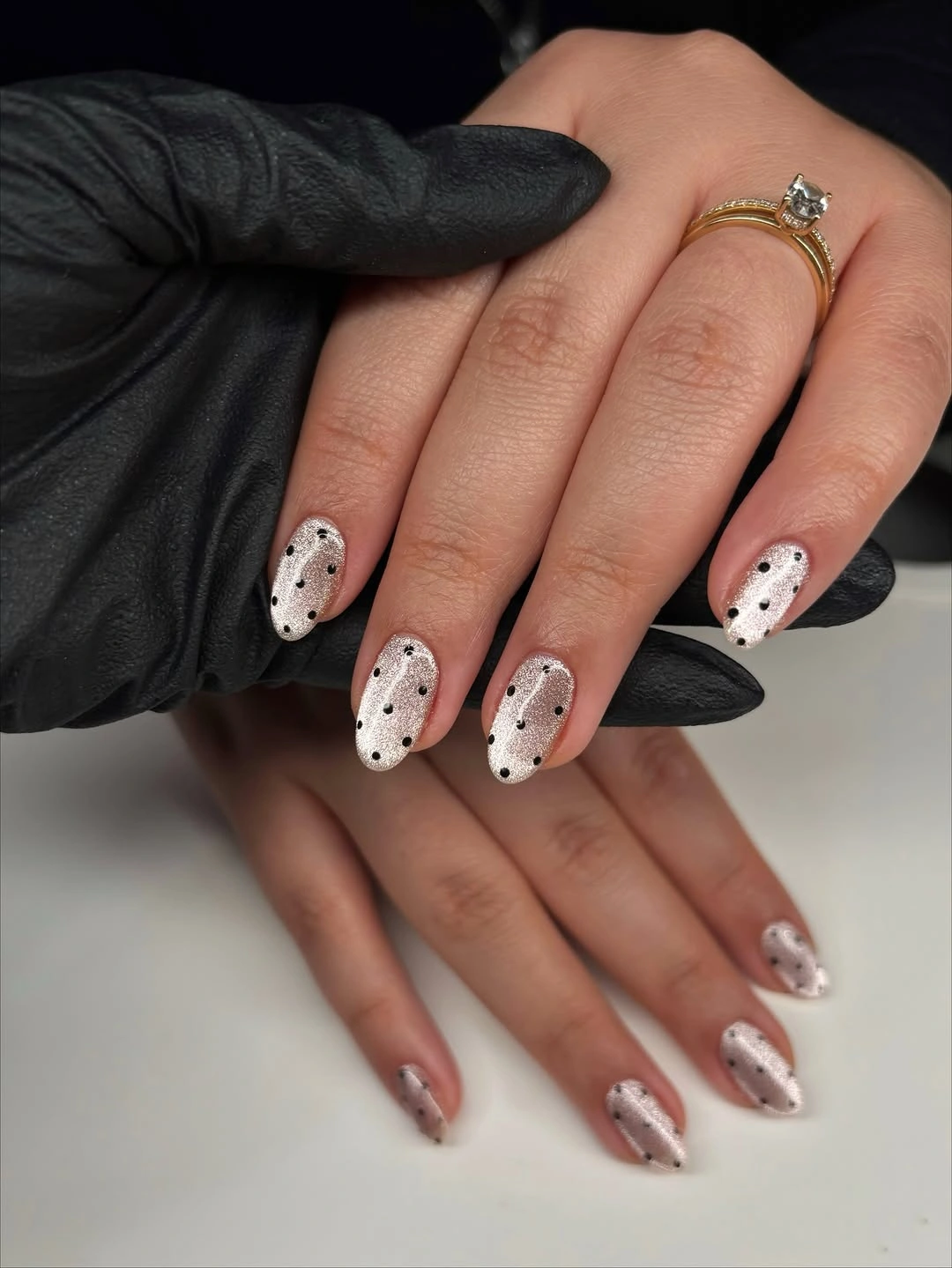 chic polka dot fall nails 2026 silver shimmer with black dots