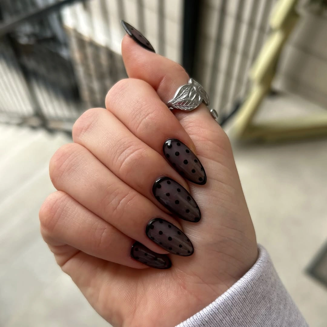 chic polka dot fall nails 2026 sheer black polka dot almond nails