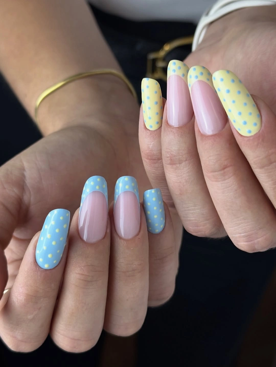 chic polka dot fall nails 2026 blue and yellow French tip design