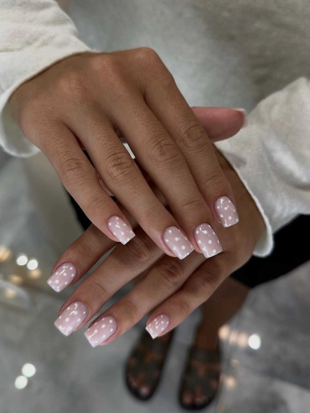 chic polka dot fall nails 2026 soft pink and white micro-dot manicure