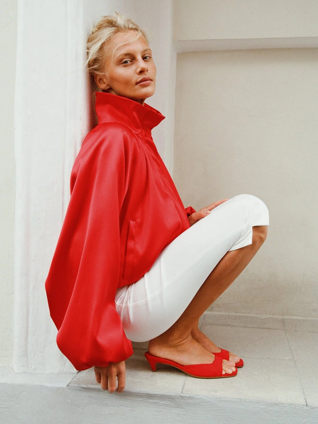 chic september outfit ideas 2026 Red Jacket and White Trousers for a Bold September Start