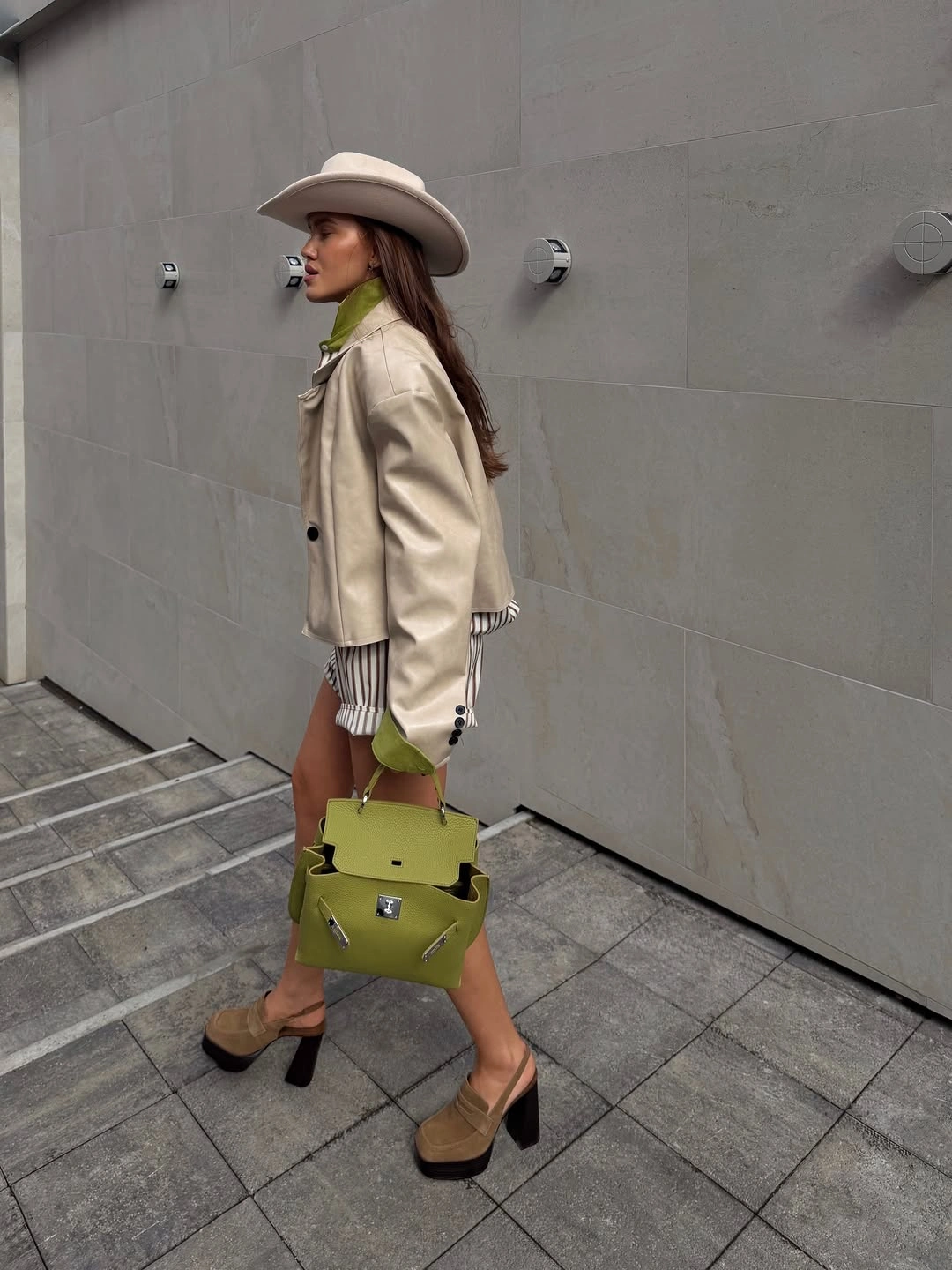 chic september outfit ideas 2026 Ivory Layers with a Fresh Green Accent