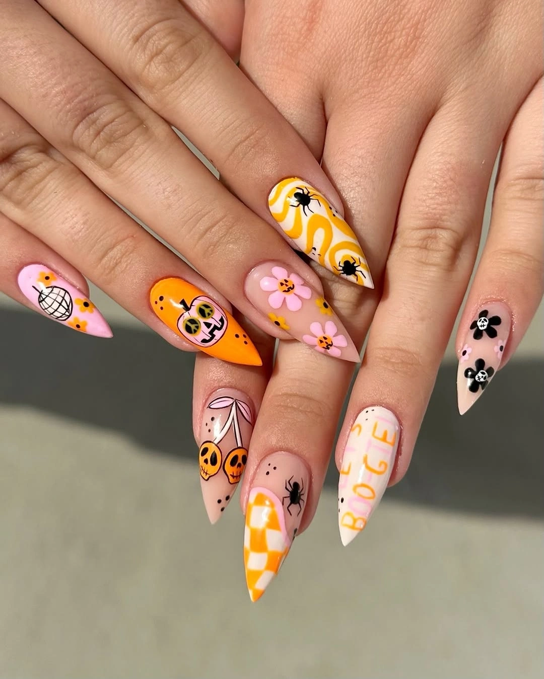 cute fall nails with pumpkins 2026 Playful Pumpkin Pop in Pink and Orange