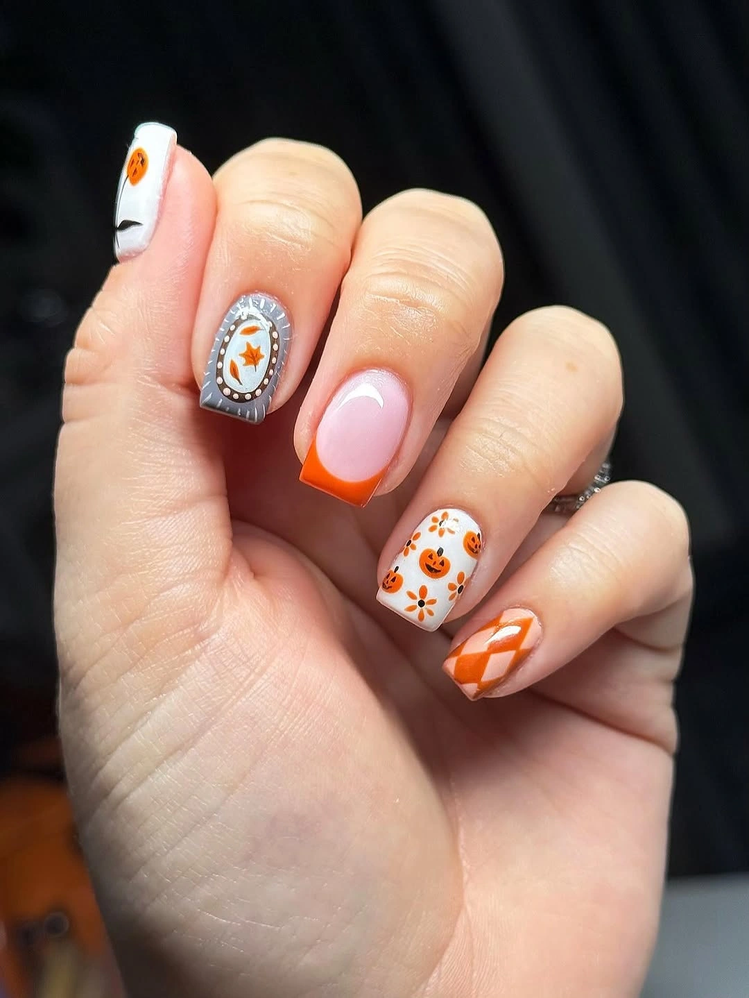 cute fall nails with pumpkins 2026 Classic Pumpkin Patchwork in Orange and White