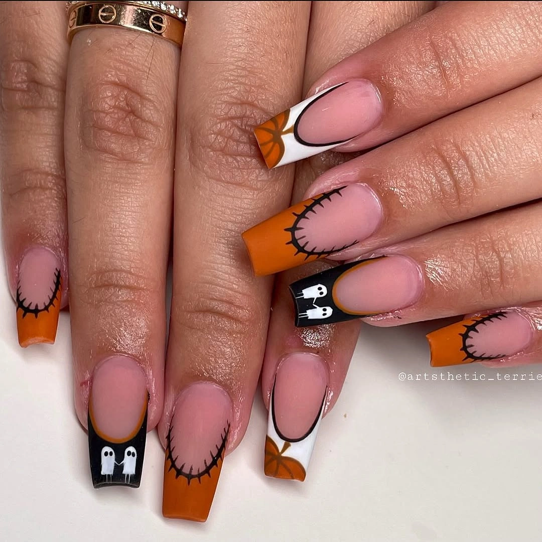 cute fall nails with pumpkins 2026 Patchwork Pumpkins Ghosts and Tiny Autumn Details