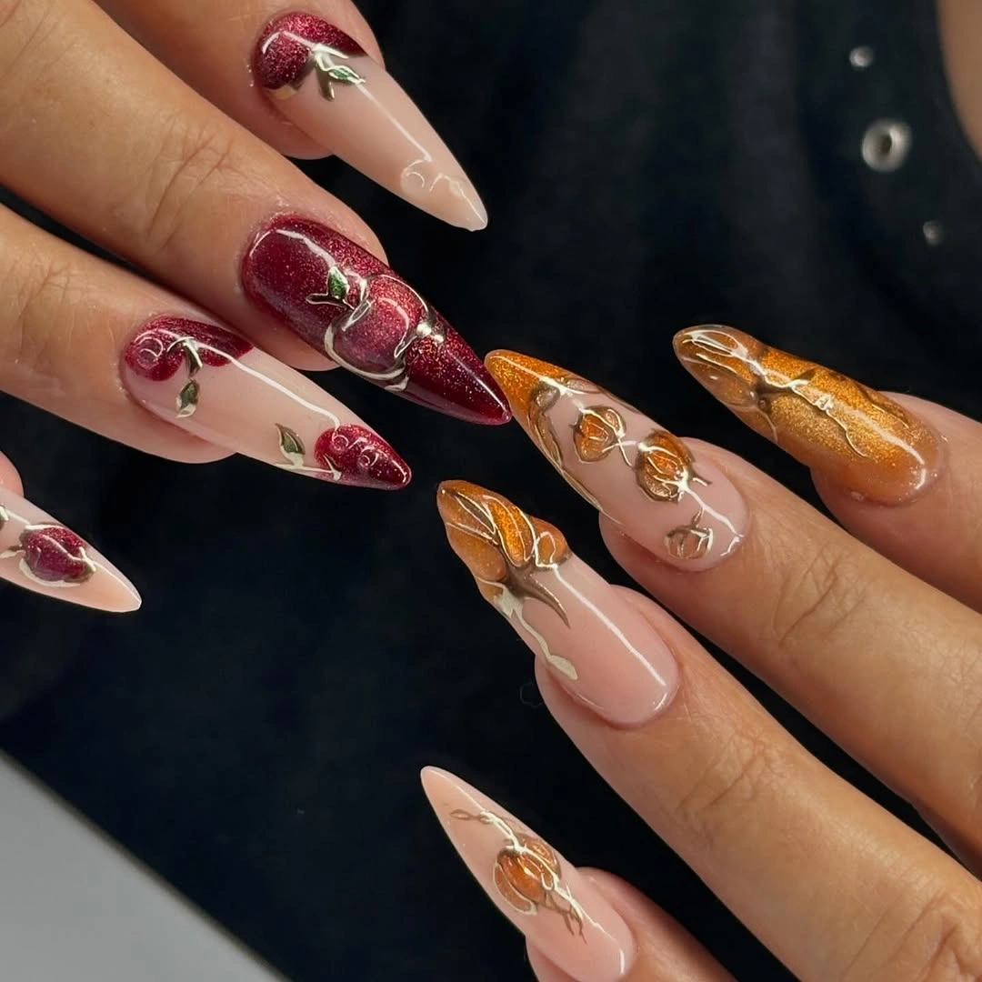 cute fall nails with pumpkins 2026 Gothic Pumpkin and Burgundy Elegance