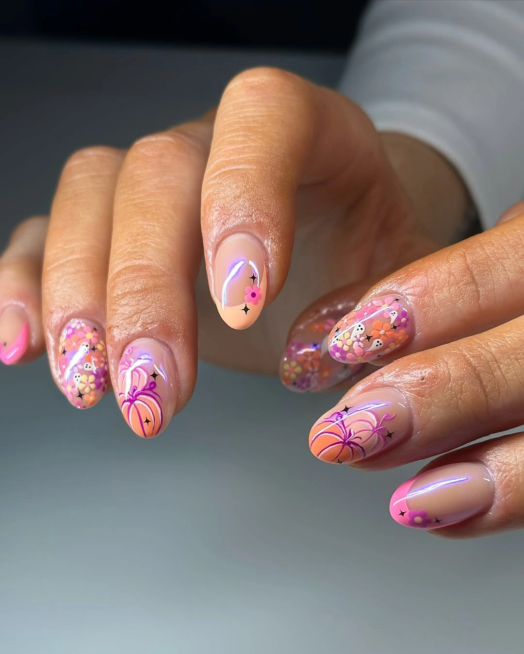 cute fall nails with pumpkins 2026 Pink Pumpkin Garden With Tiny Ghosts