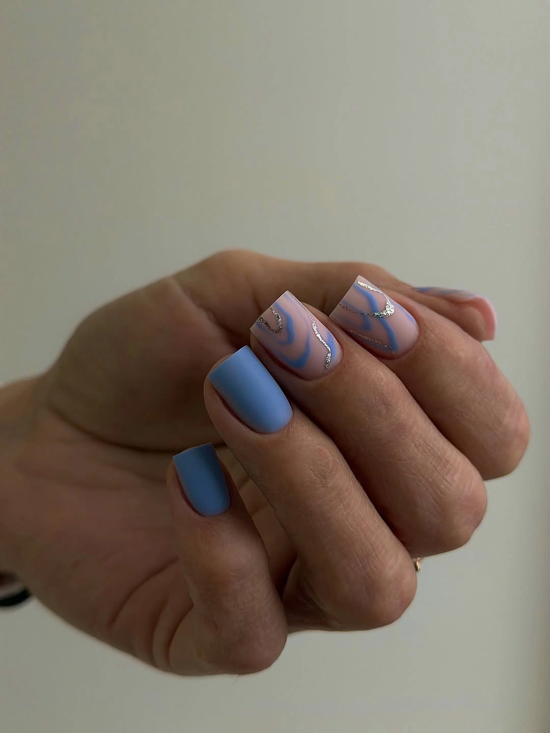 elegant fall mid length nails 2026 Powder Blue Waves with Delicate Silver Lines