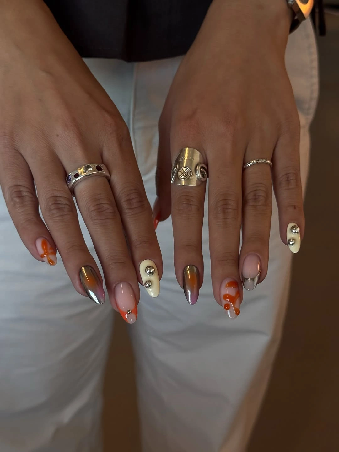 elegant fall mid length nails 2026 Mixed Metallic and Sculptural Autumn Nail Art
