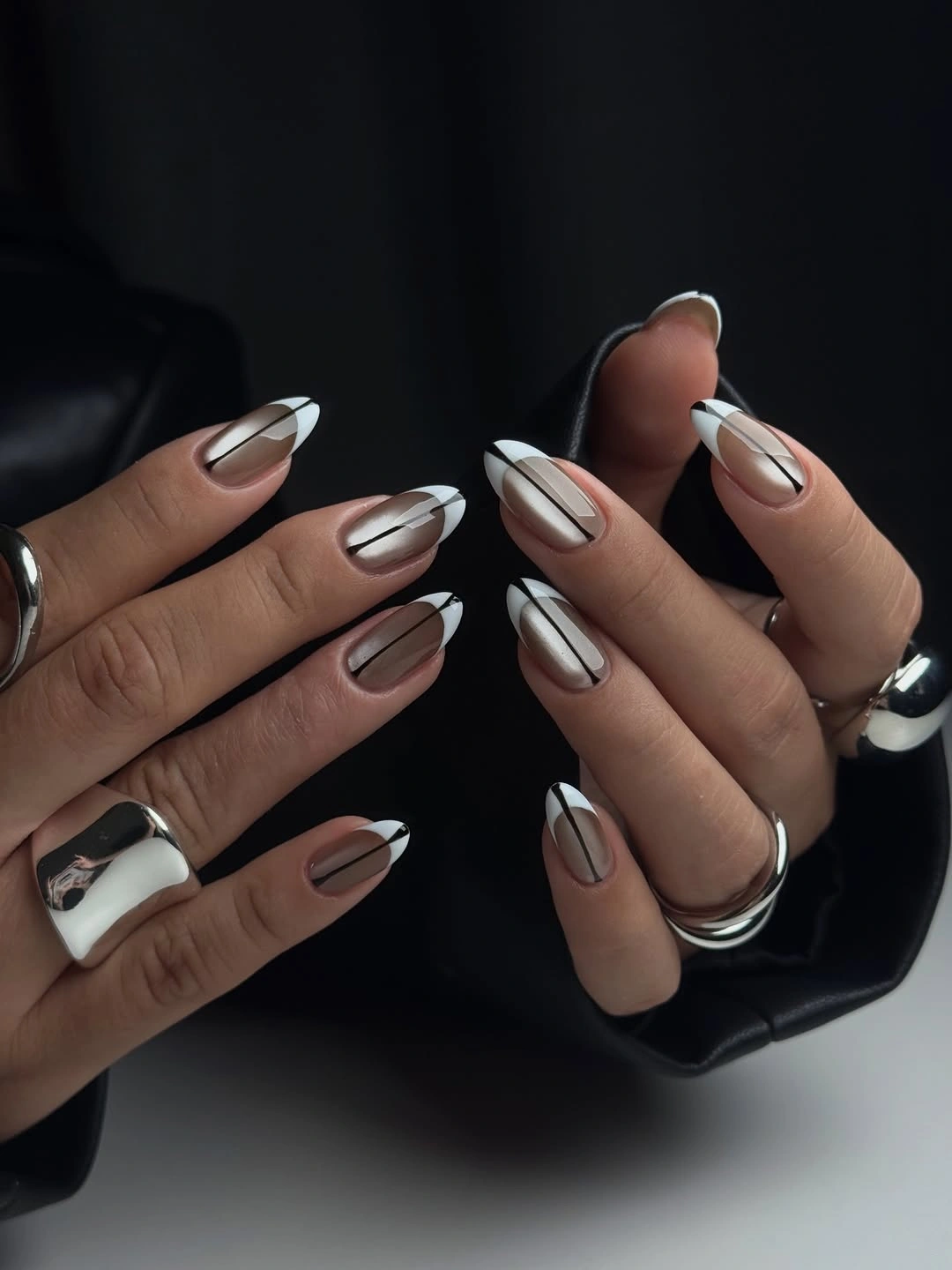 elegant fall mid length nails 2026 Modern Graphic French with Minimalist Lines