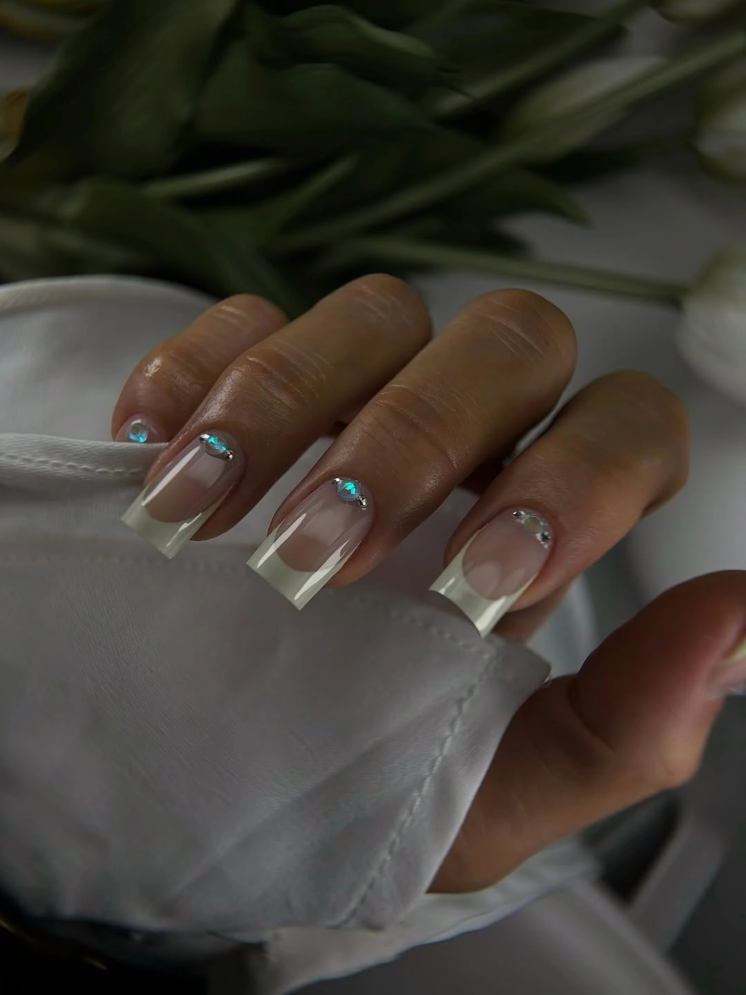 elegant fall mid length nails 2026 Minimal French with Crystal Accents