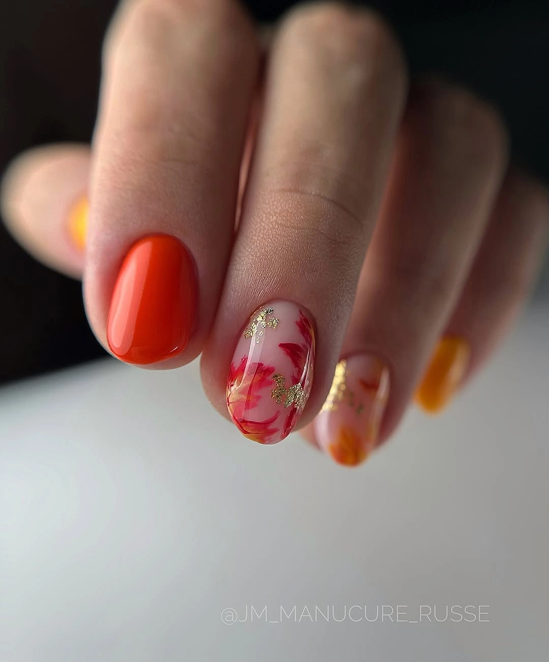 elegant fall short almond nails 2026 Burnt Orange and Watercolor Leaves for an Early Fall Glow