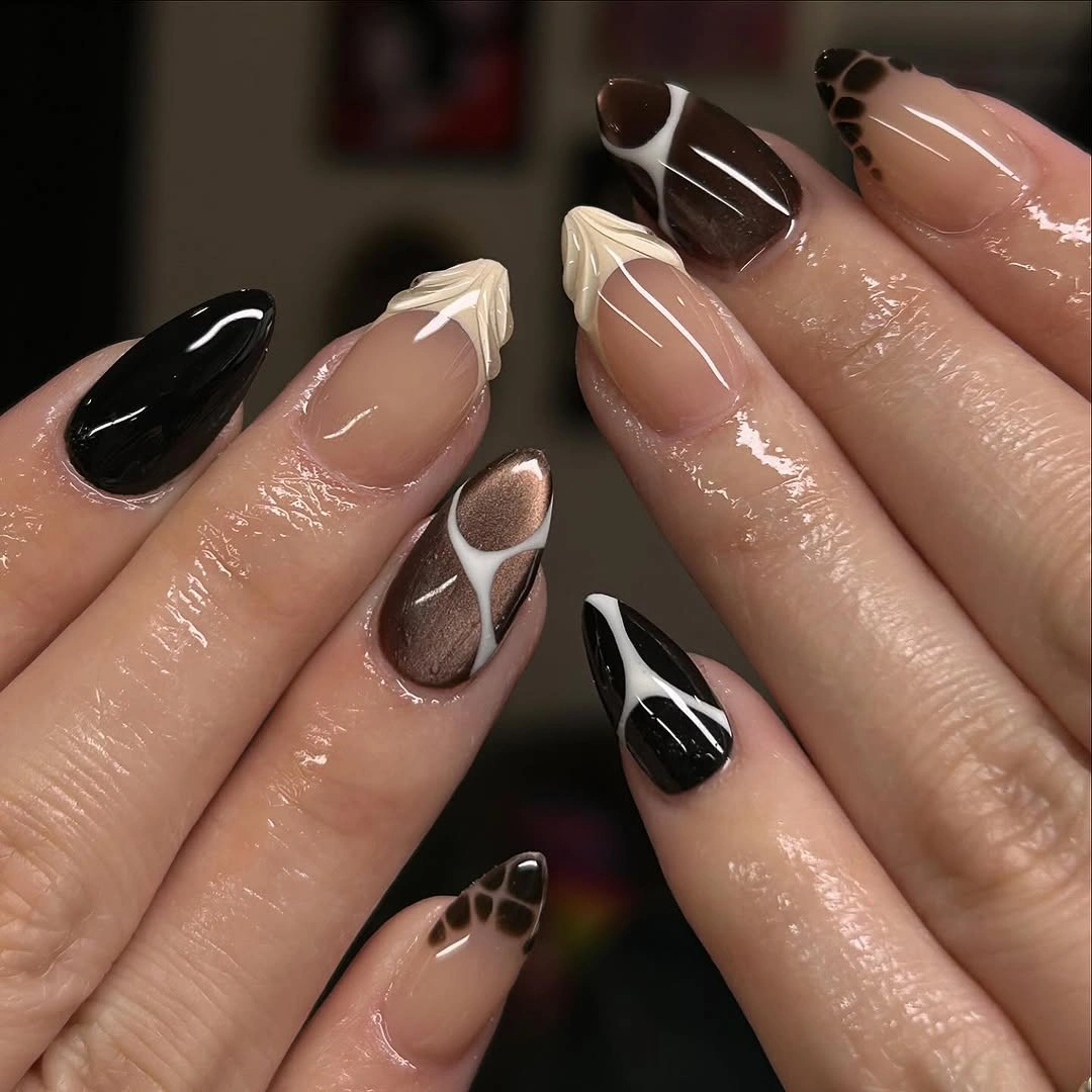 elegant fall short almond nails 2026 Mocha Abstract Nails with Modern Contrast