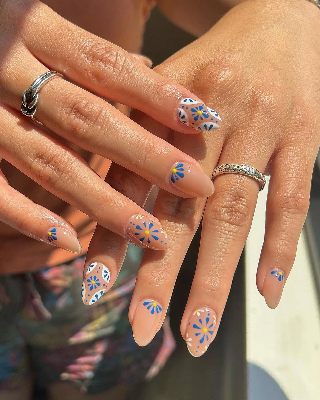elegant fall short almond nails 2026 Blue Floral Art That Brightens Early Fall Days