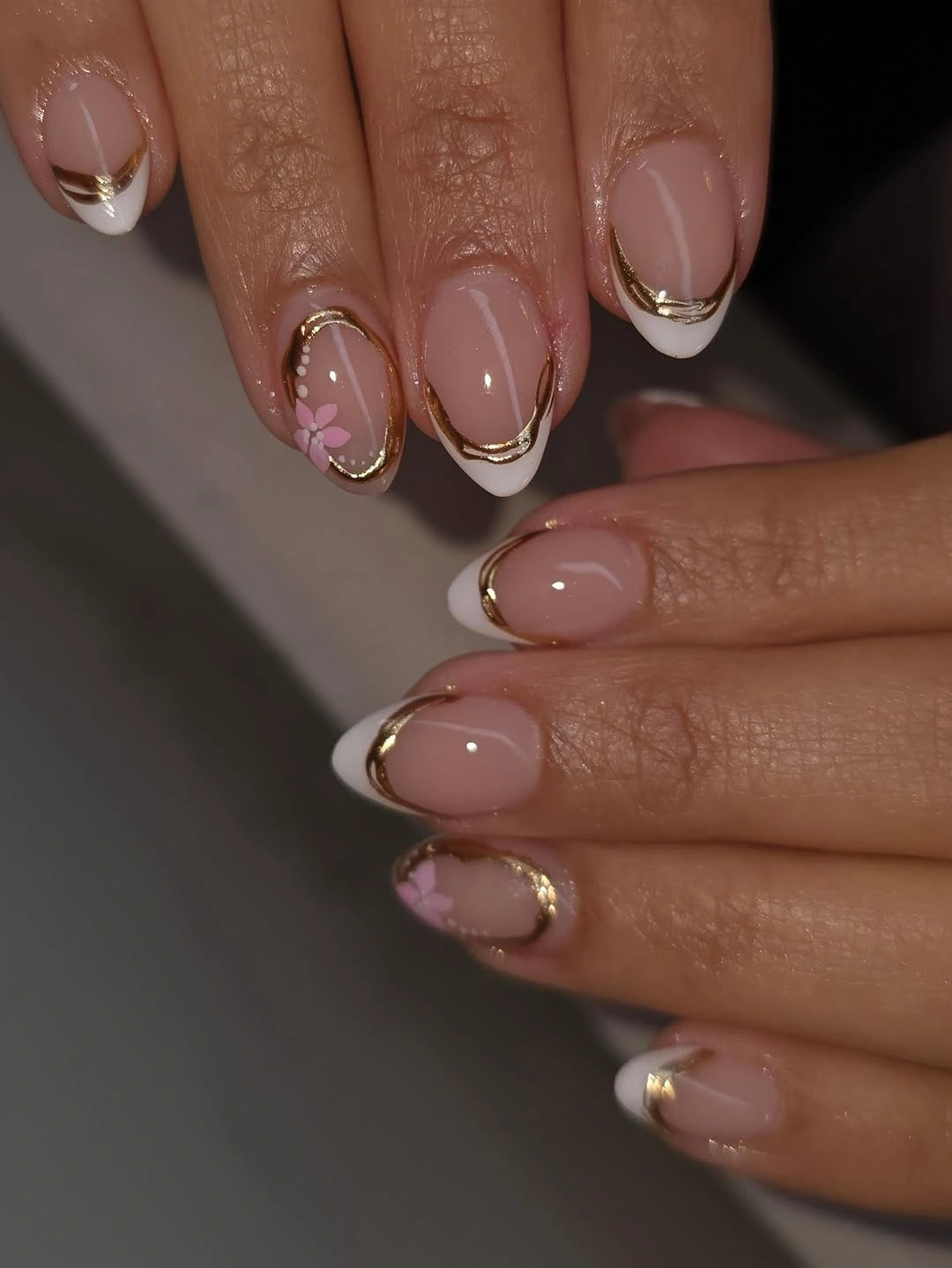elegant fall short almond nails 2026 Classic French Tips with Gold Ribbon Details