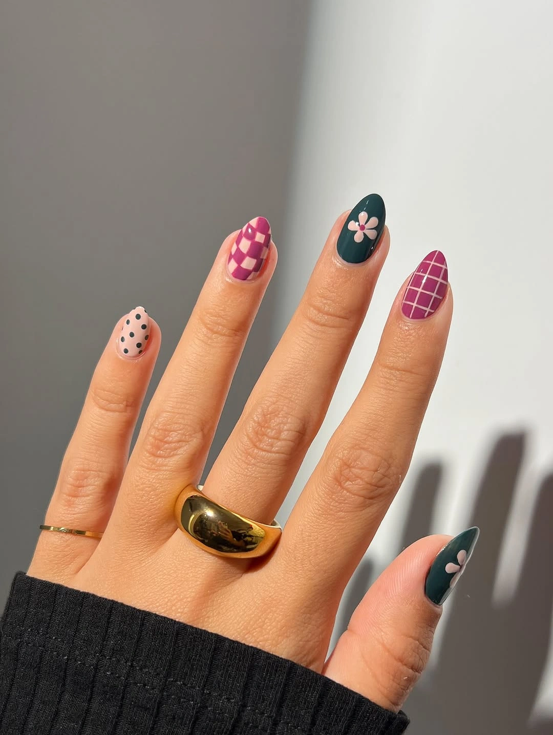 elegant fall short almond nails 2026 Playful Plum and Forest Green Fall Mix