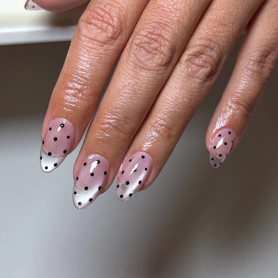 elegant fall short almond nails 2026 Soft Chrome Polka Dot Elegance