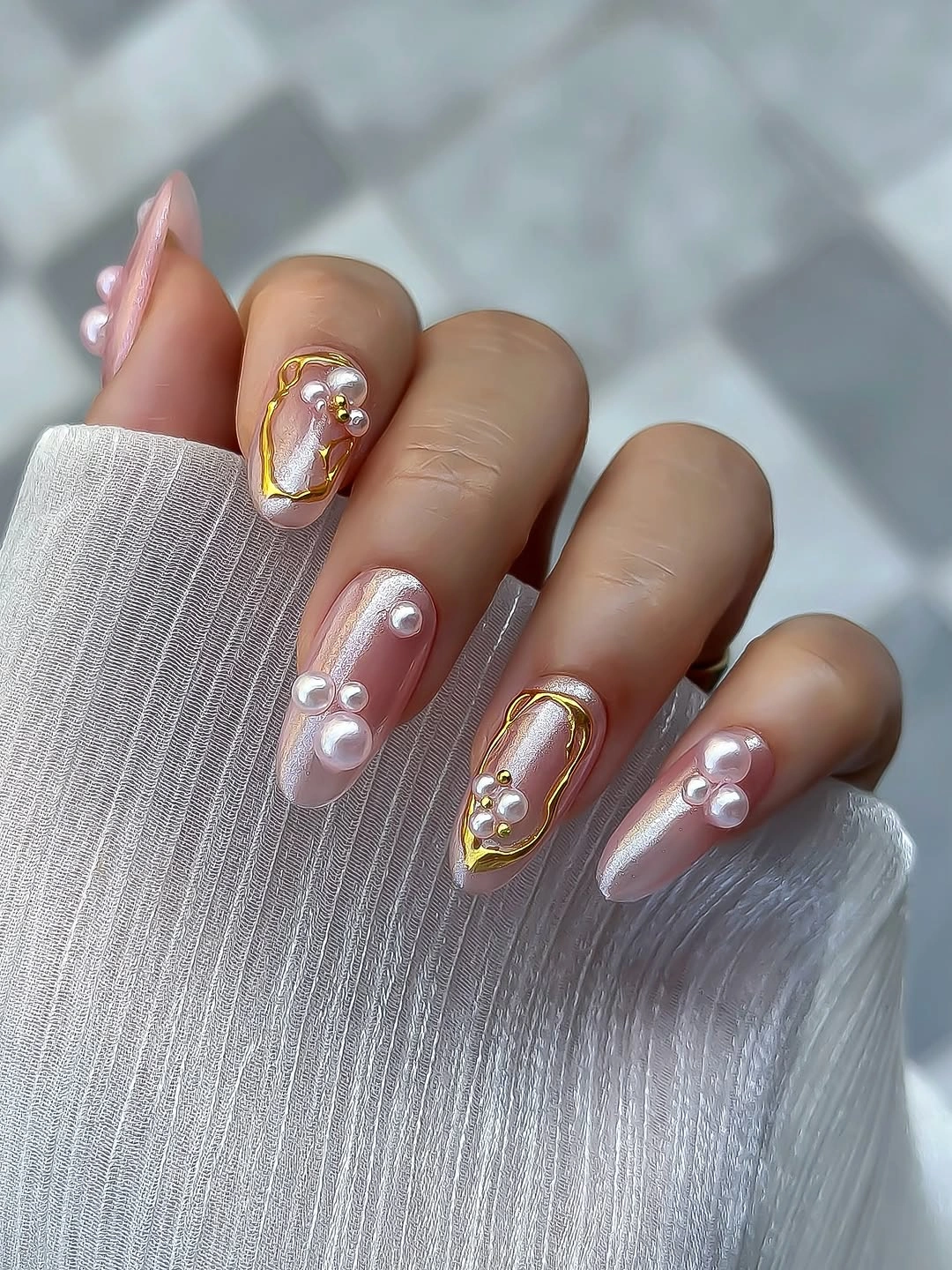 elegant fall wedding nails 2026 Blush Pearl Nails with Gold Framed Accents