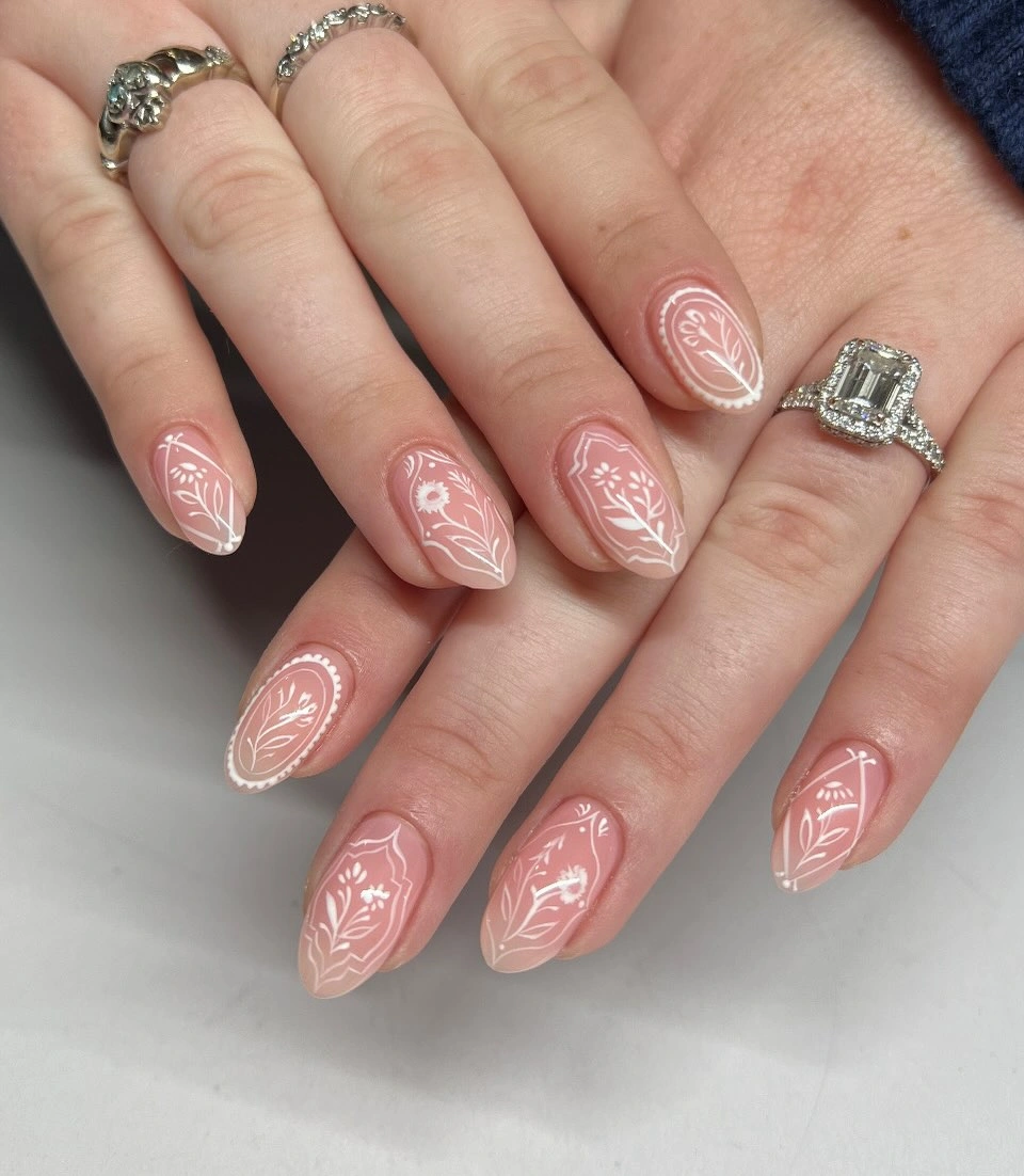 elegant fall wedding nails 2026 Minimal Botanical Wedding Nails with Fine White Line Art