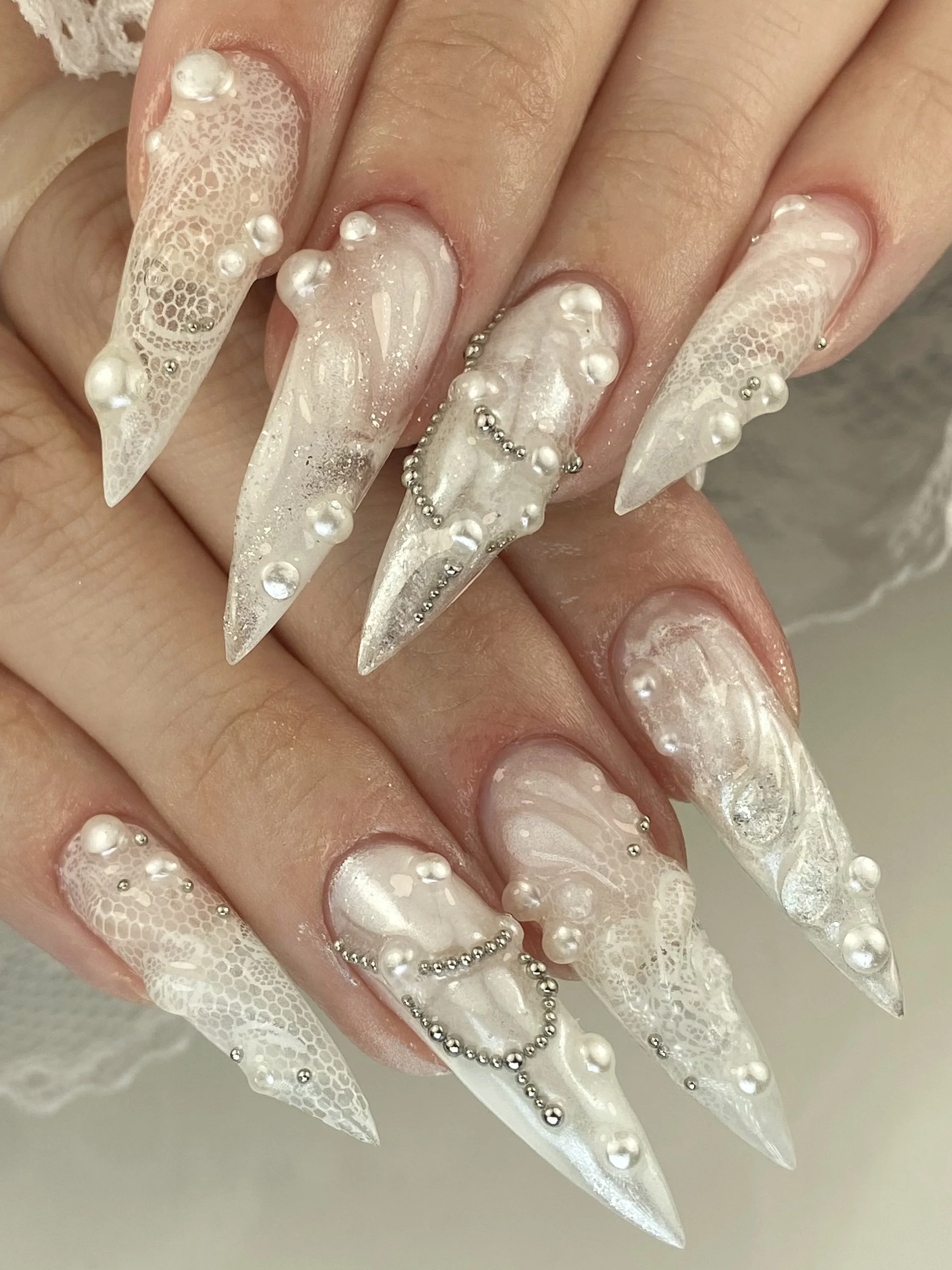 elegant fall wedding nails 2026 Couture Pearl Lace Stiletto Wedding Nails