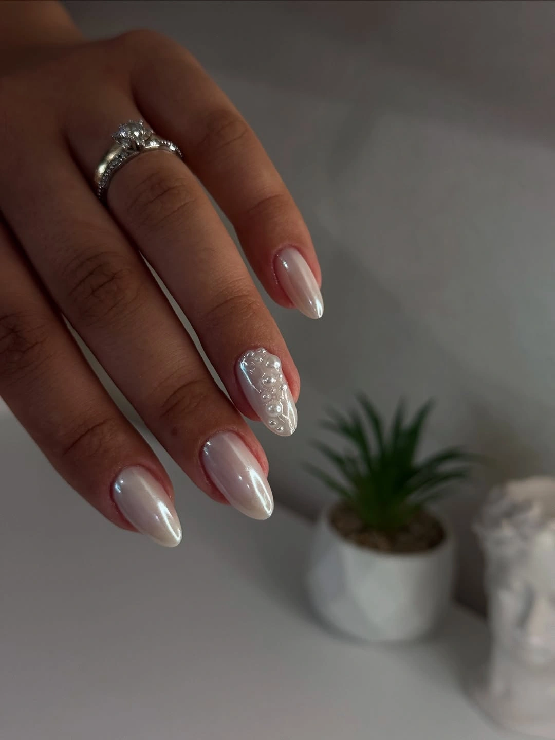 elegant fall wedding nails 2026 Pearl Glow for an Understated Bridal Look