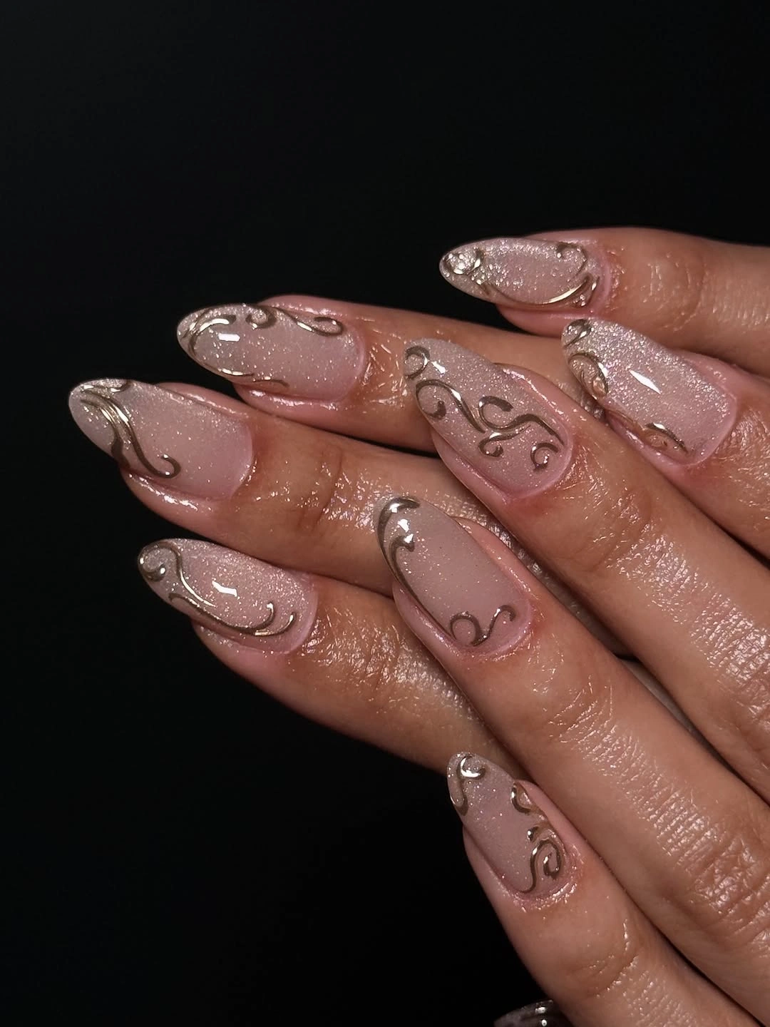 elegant fall wedding nails 2026 Champagne Shimmer with Vintage Scrollwork