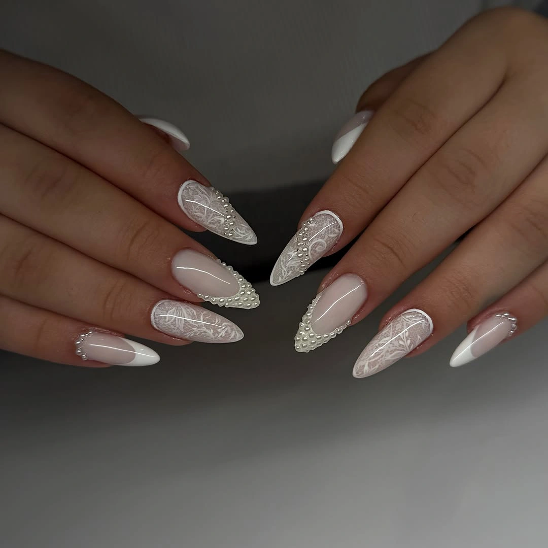 elegant fall wedding nails 2026 Pearl Embellished French Elegance