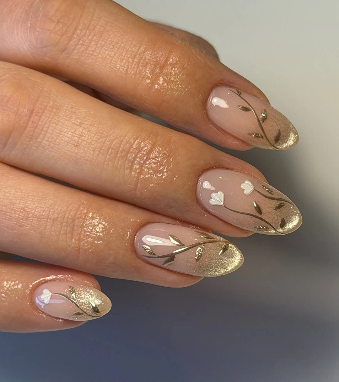 elegant fall wedding nails 2026 Golden Botanical Wedding Guest Nails