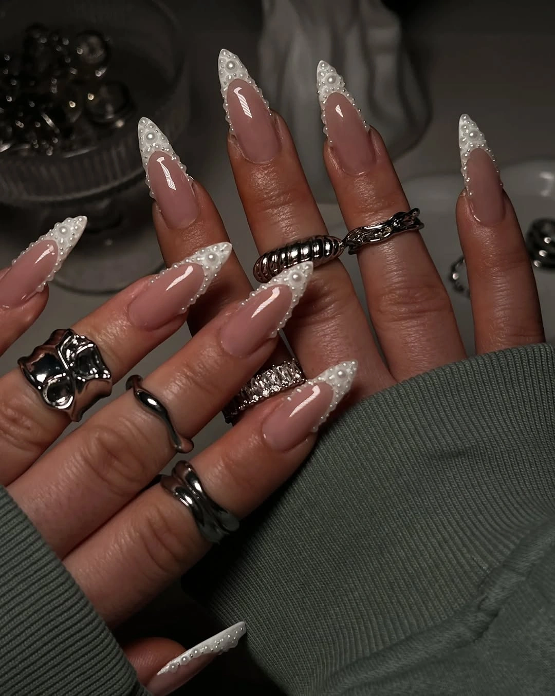 elegant fall wedding nails 2026 Pearled French Tips with Modern Texture