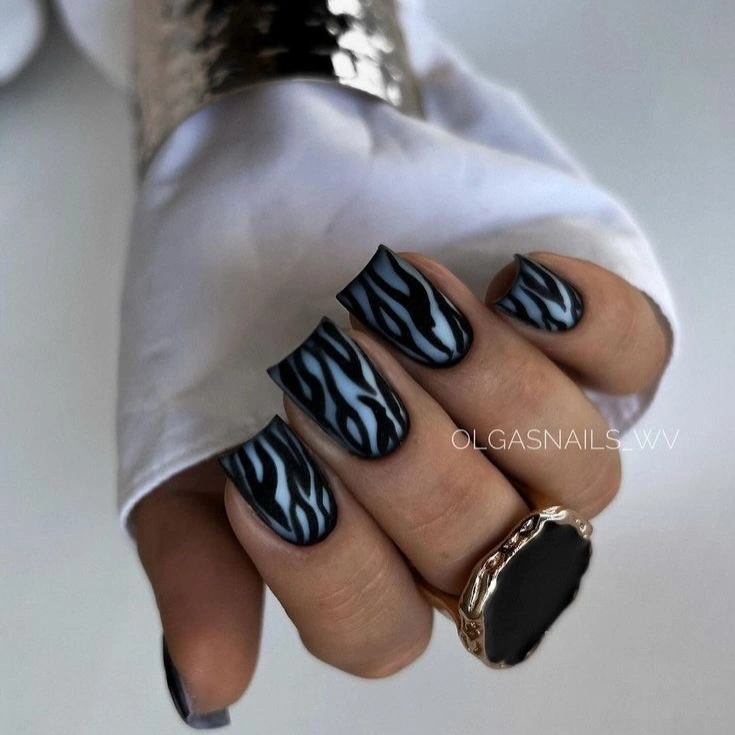 gorgeous dark fall nails 2026 - Black and Smoky Blue Flame Nails