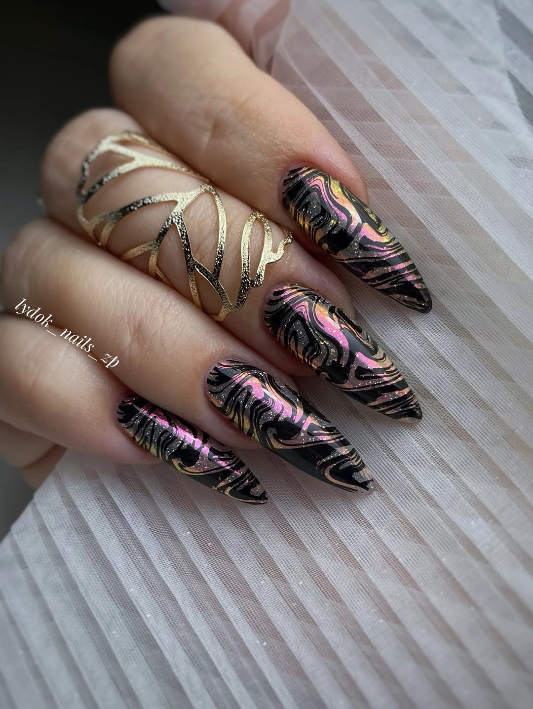 gorgeous dark fall nails 2026 - Black Abstract Nails With Metallic Pink and Gold