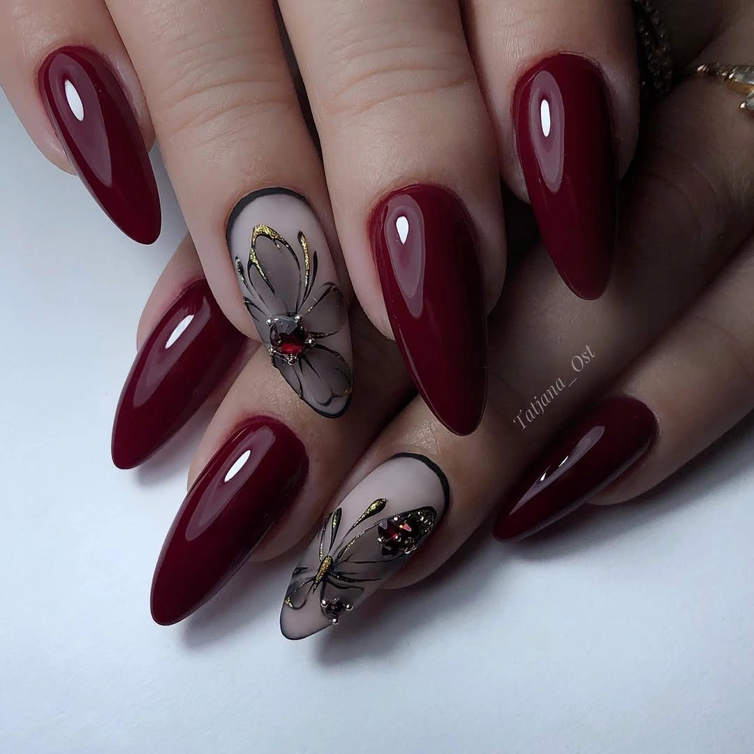 gorgeous dark fall nails 2026 deep burgundy almond nails with butterfly art