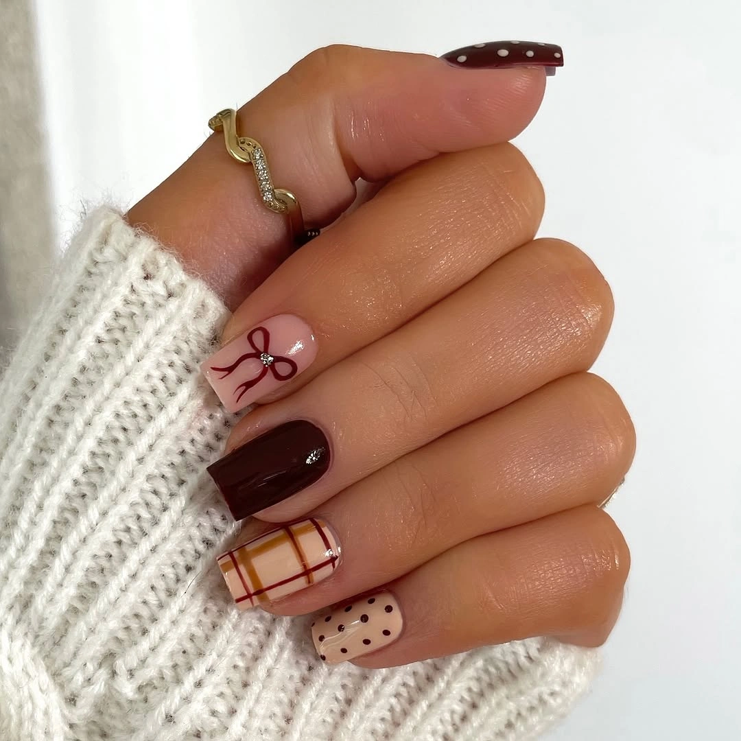 modern fall nail designs square shape 2026 Chocolate Plaid With Sweet Autumn Details