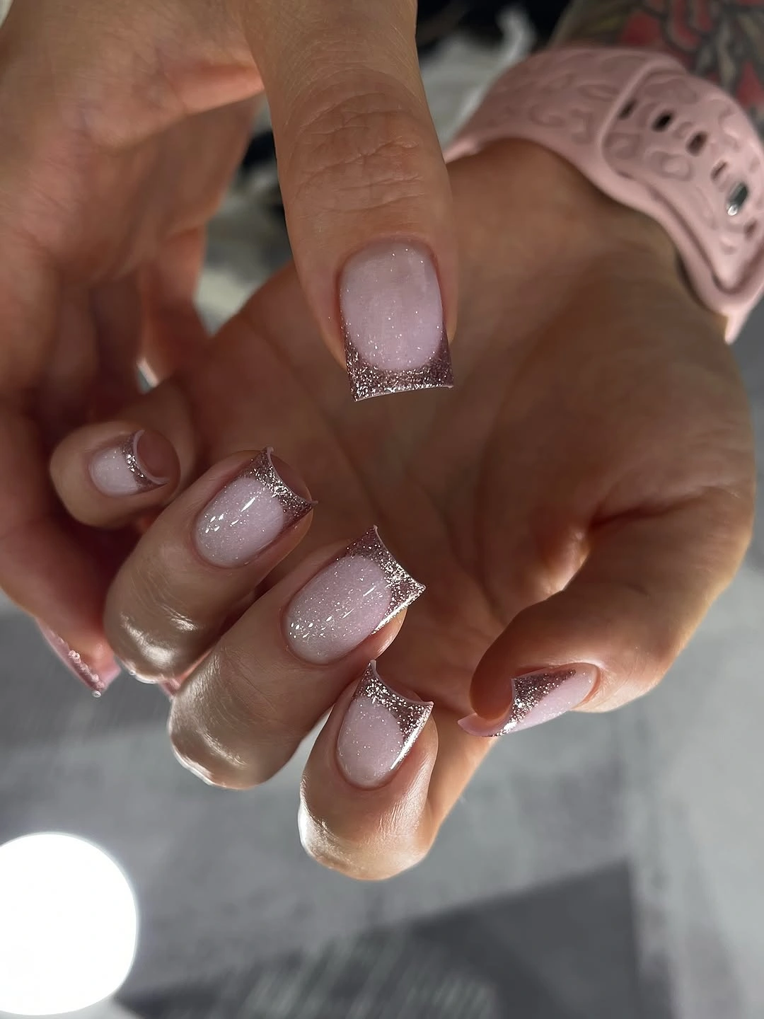 modern fall nail designs square shape 2026 Rose Quartz Glitter French for an Elegant Fall Refresh