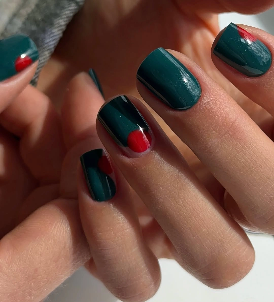 modern fall nail designs square shape 2026 Deep Evergreen Nails with Minimal Crimson Accents