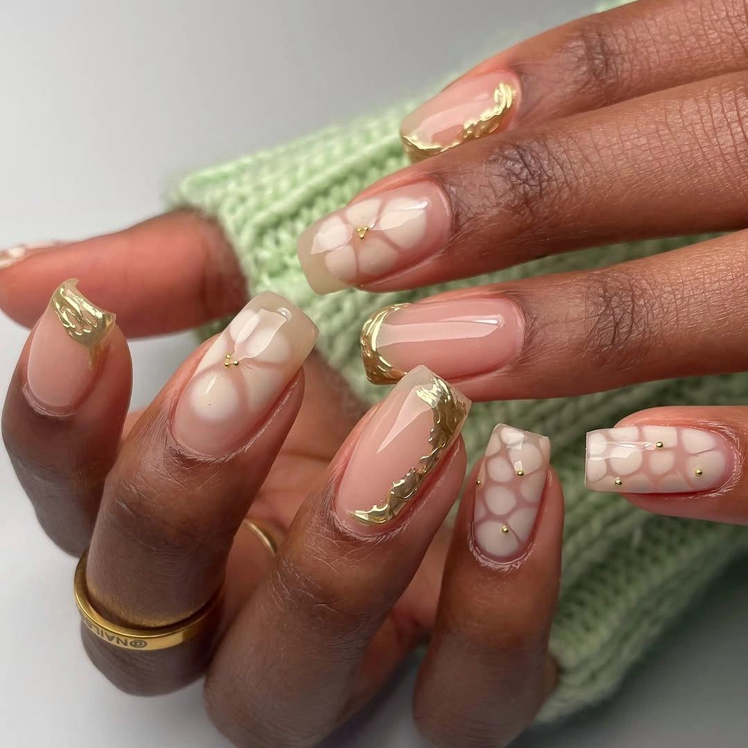 modern fall nail designs square shape 2026 Golden Botanical Details on Warm Nude Square Nails