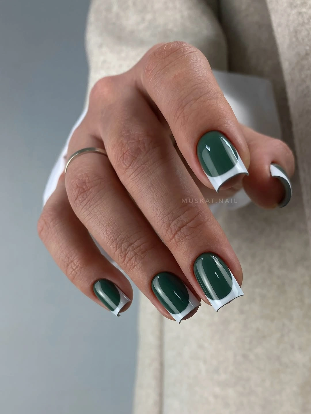 modern fall nail designs square shape 2026 Forest Green Reverse French Square Nails