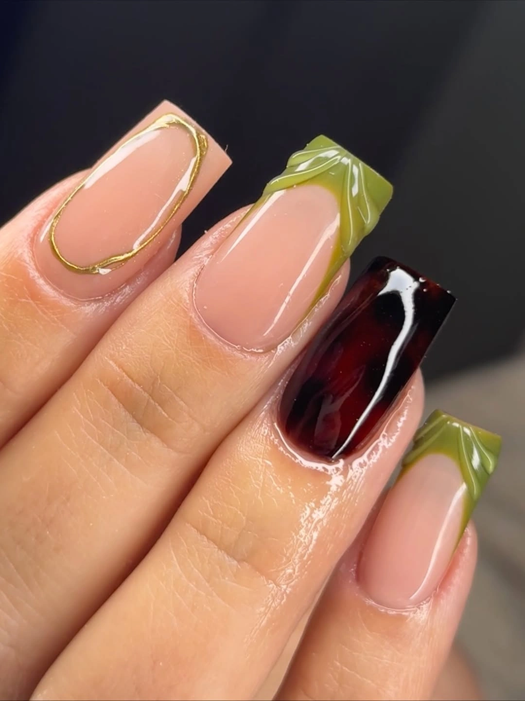 modern fall nail designs square shape 2026 Olive Green Meets Glossy Burgundy