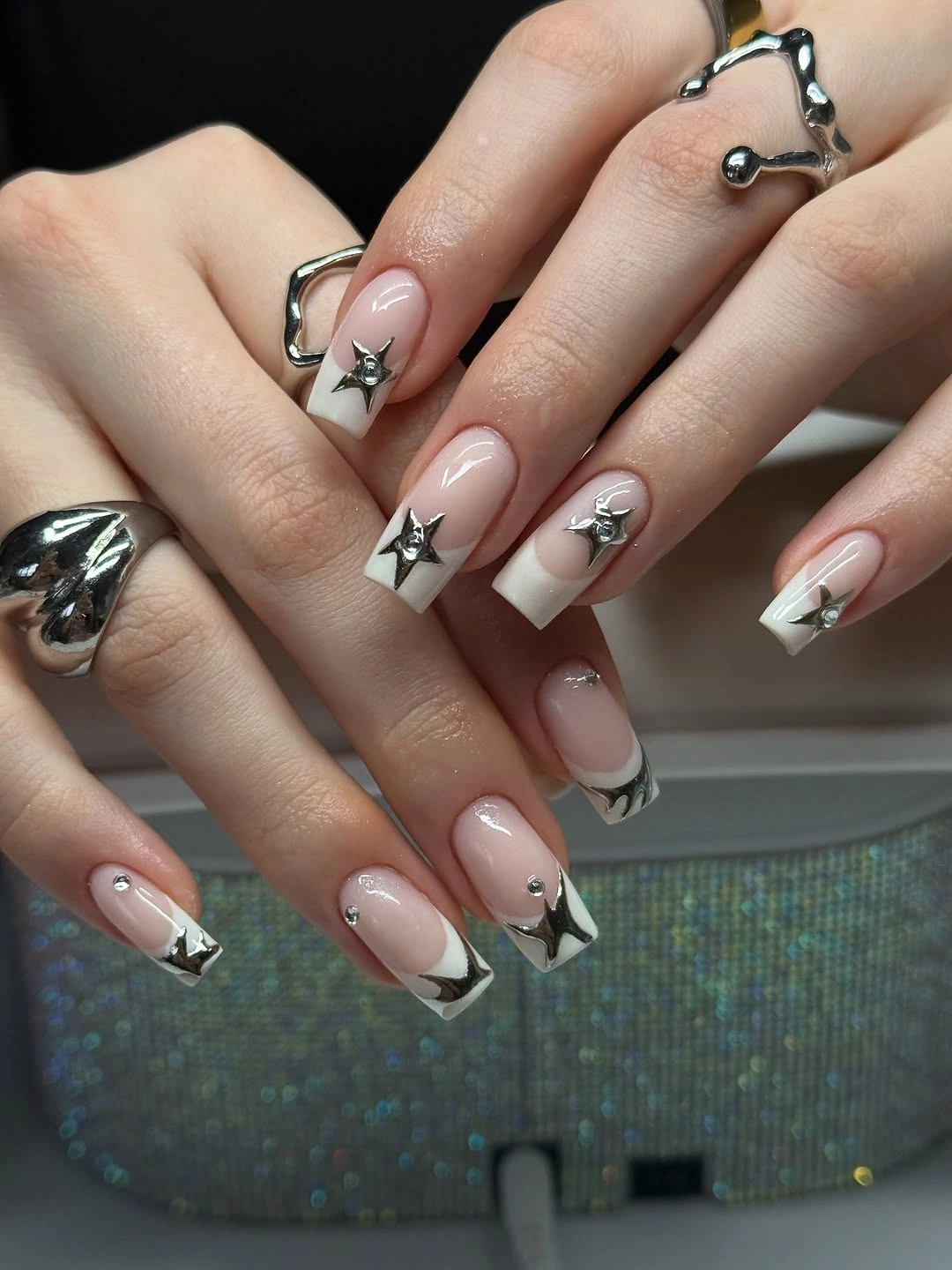 modern fall nail designs square shape 2026 Chrome Star French With Modern Edge