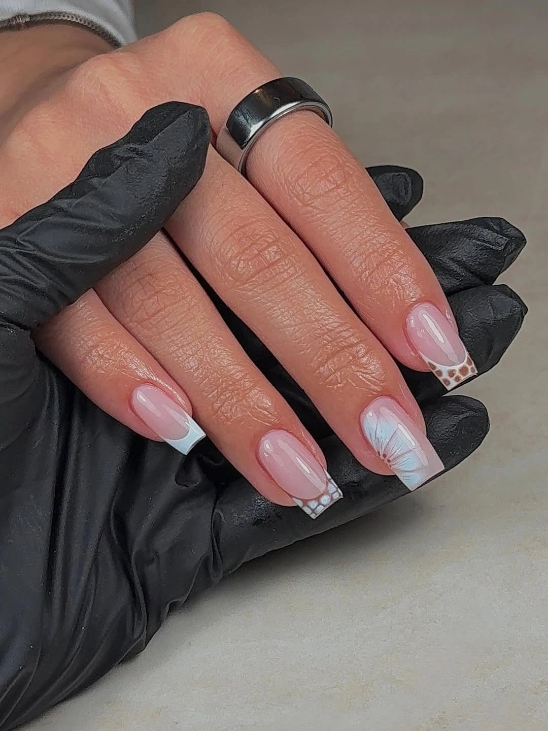 modern fall nail designs square shape 2026 Soft Blue Butterfly French Tips