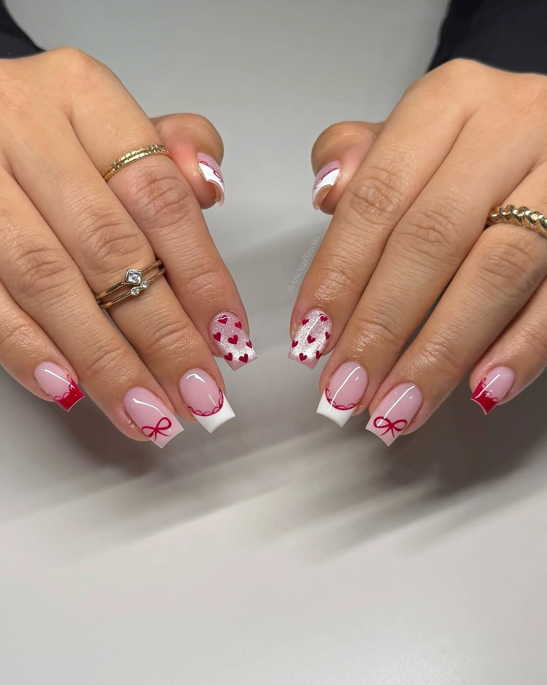 modern fall nail designs square shape 2026 Romantic Red Ribbon French